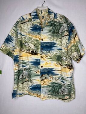 Kahala Hawaiian Island Mens AOP Fish Button Down Shirt Sz XL Short Sleeve Cotton